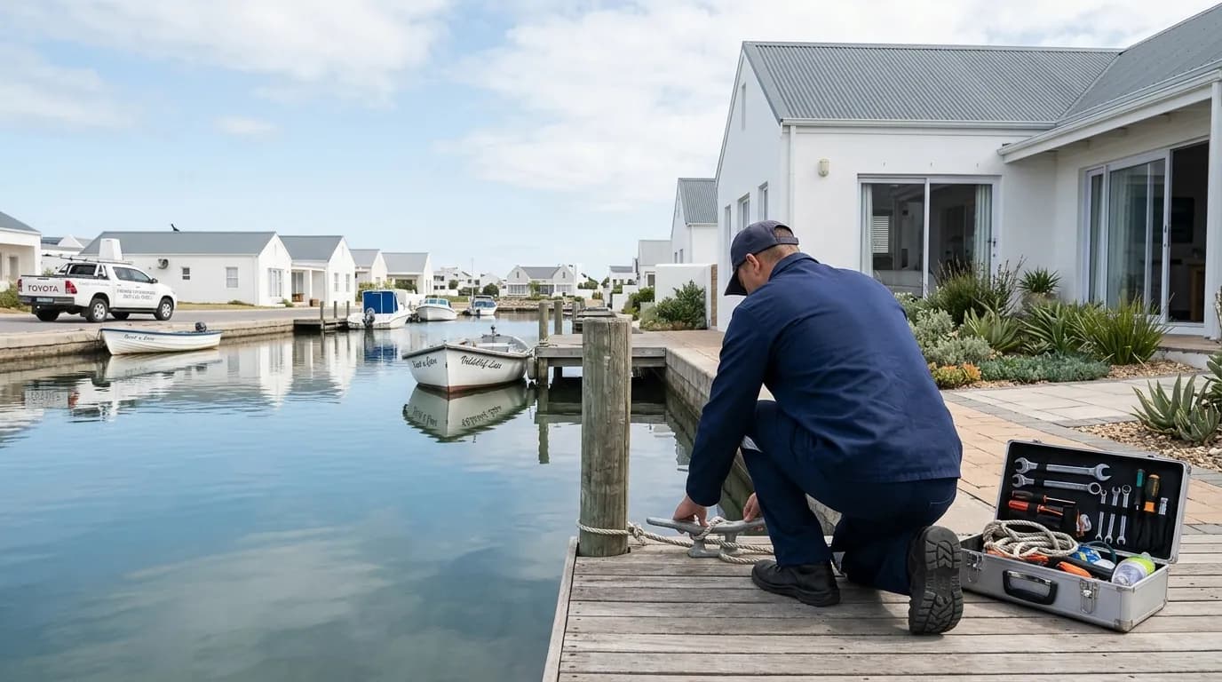 A local tradesperson checking the jetty at a Port Owen waterfront home