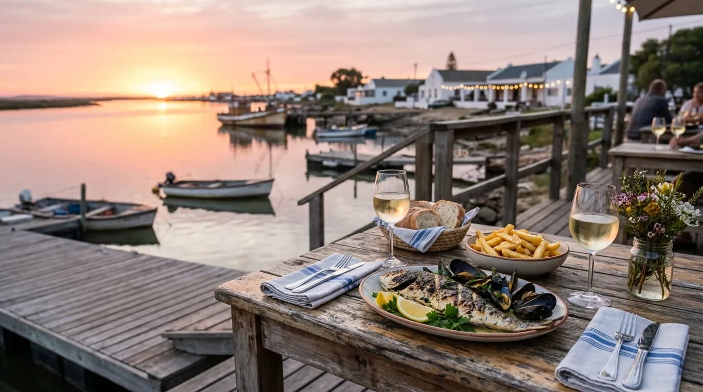 Grilled fish and mussels on a waterfront deck at sunset on the Berg River