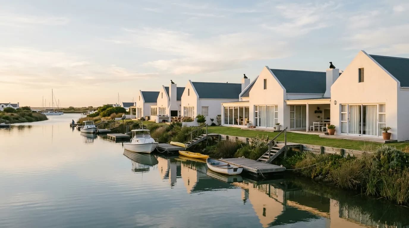 White-walled holiday homes with private jetties along a Port Owen canal